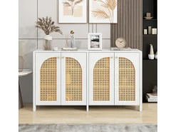 Aparador Blanco - Aparador con 4 puertas de ratán y tiradores de metal - para comedor y salón