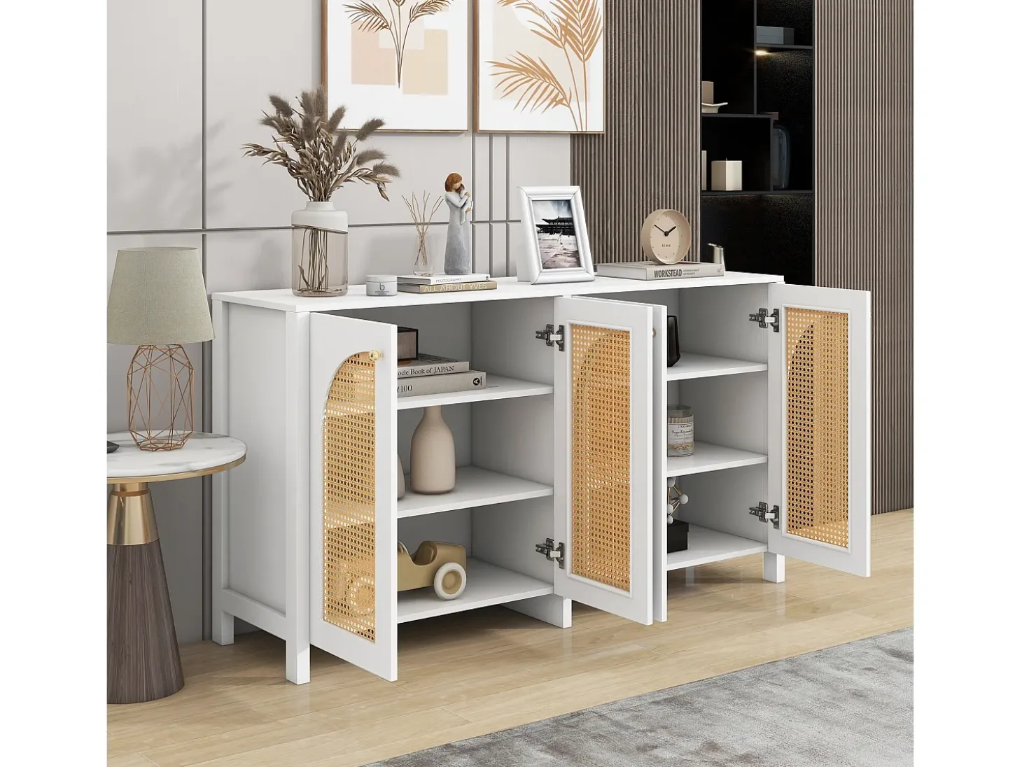 Aparador Blanco - Aparador con 4 puertas de ratán y tiradores de metal - para comedor y salón