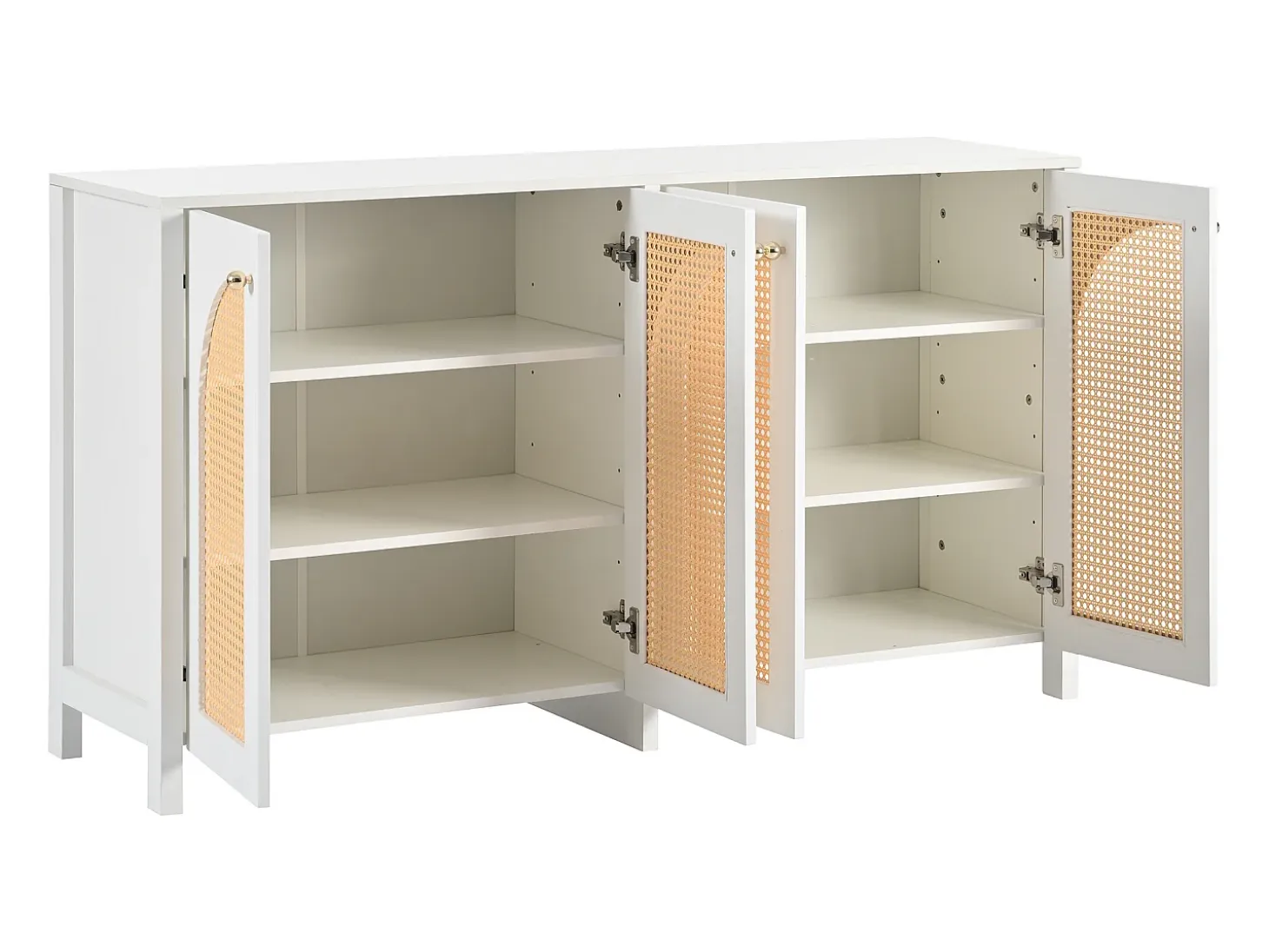 Aparador Blanco - Aparador con 4 puertas de ratán y tiradores de metal - para comedor y salón