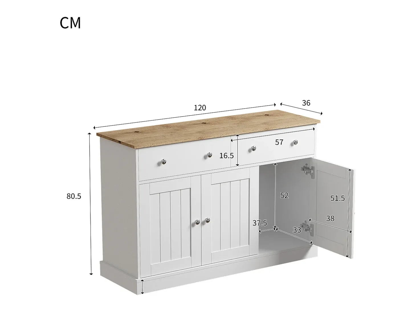Aparador blanco - Aparador moderno con 3 puertas y 2 cajones - Tablero con veta de madera - Para salas de estar y comedores