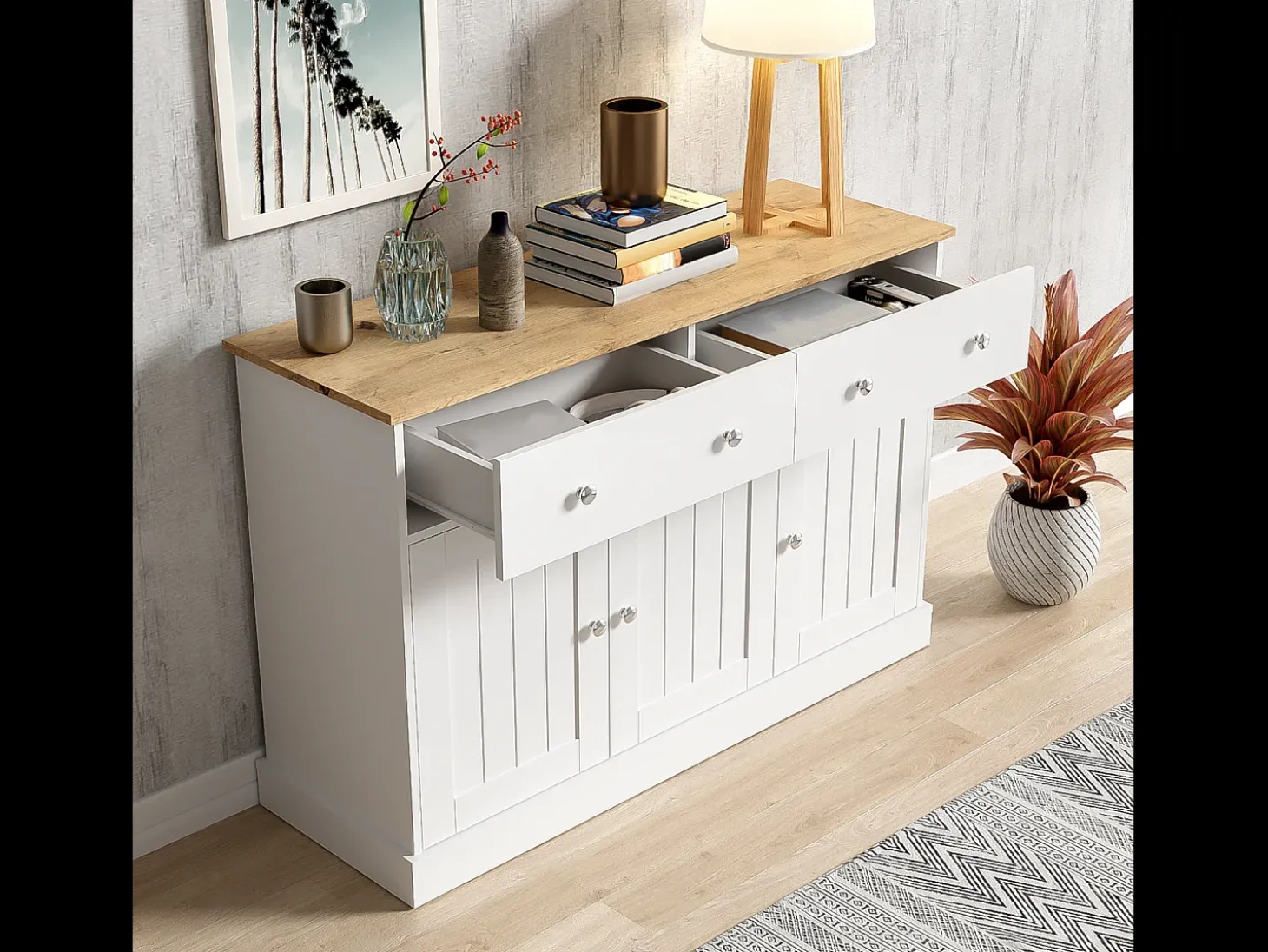 Aparador blanco - Aparador moderno con 3 puertas y 2 cajones - Tablero con veta de madera - Para salas de estar y comedores