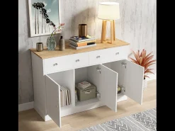 Aparador blanco - Aparador moderno con 3 puertas y 2 cajones - Tablero con veta de madera - Para salas de estar y comedores