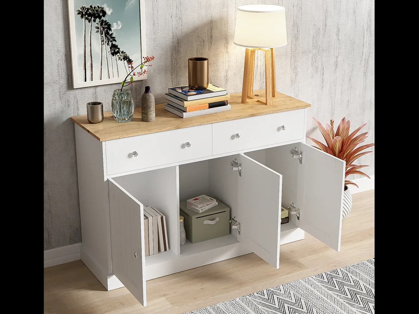 Aparador blanco - Aparador moderno con 3 puertas y 2 cajones - Tablero con veta de madera - Para salas de estar y comedores