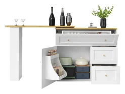 Aparador blanco, aparador de cocina con encimera giratoria, 2 puertas y 2 cajones - tiradores dorados