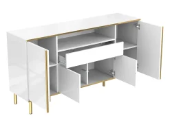 Aparador blanco, Aparador de alto brillo con 4 puertas y 1 cajón, iluminación LED, para salón y comedor