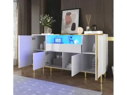 Aparador blanco, Aparador de alto brillo con 4 puertas y 1 cajón, iluminación LED, para salón y comedor