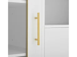Aparador blanco con 2 cajones, puertas de cristal y botellero, tiradores y patas dorados - para comedor y sala de estar