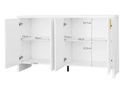 Aparador blanco con 4 puertas a rayas y separadores ajustables, tiradores dorados