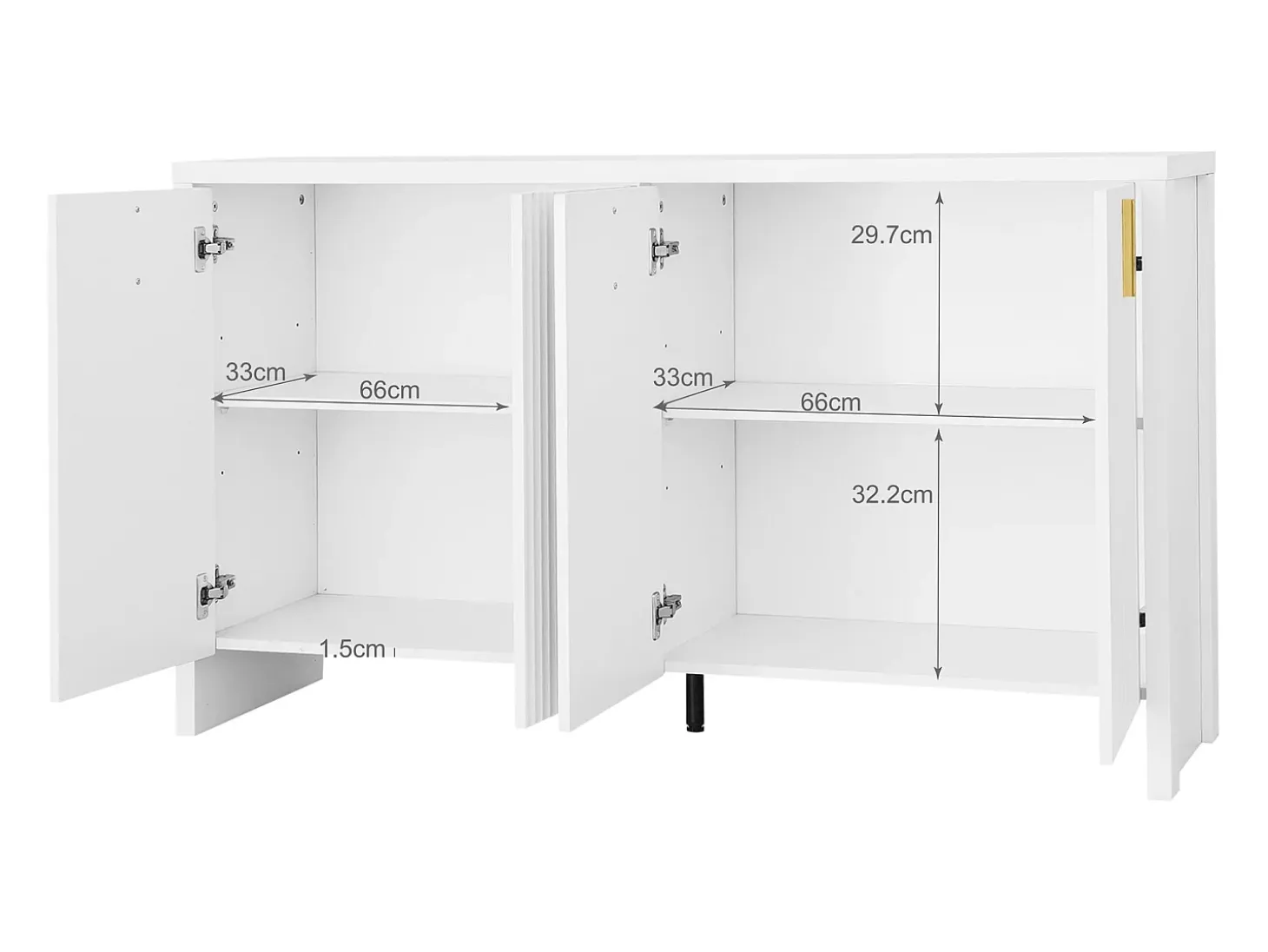 Aparador blanco con 4 puertas a rayas y separadores ajustables, tiradores dorados