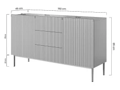 Aparador blanco con 2 puertas y 3 cajones centrales con pie de metal dorado 150x45 cm