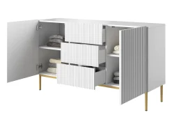 Aparador blanco con 2 puertas y 3 cajones centrales con pie de metal dorado 150x45 cm