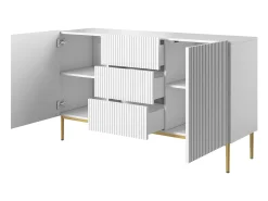 Aparador blanco con 2 puertas y 3 cajones centrales con pie de metal dorado 150x45 cm