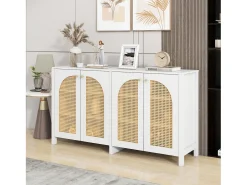 Aparador blanco con 4 puertas de ratán y estantes regulables, tiradores de metal, para salón y comedor
