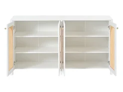 Aparador blanco con 4 puertas de ratán y estantes regulables, tiradores de metal, para salón y comedor