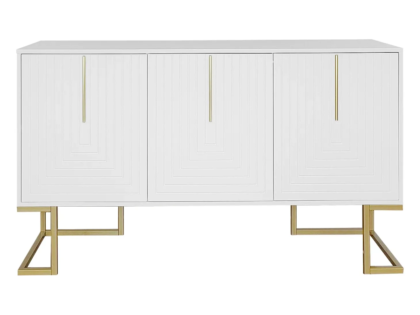 Aparador blanco con 3 puertas, estantes regulables, patas doradas, 138x40x80,5cm