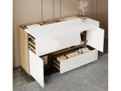 Aparador blanco con tapa extraíble - Aparador con 2 cajones y 2 puertas - Iluminación LED y almacenaje abierto