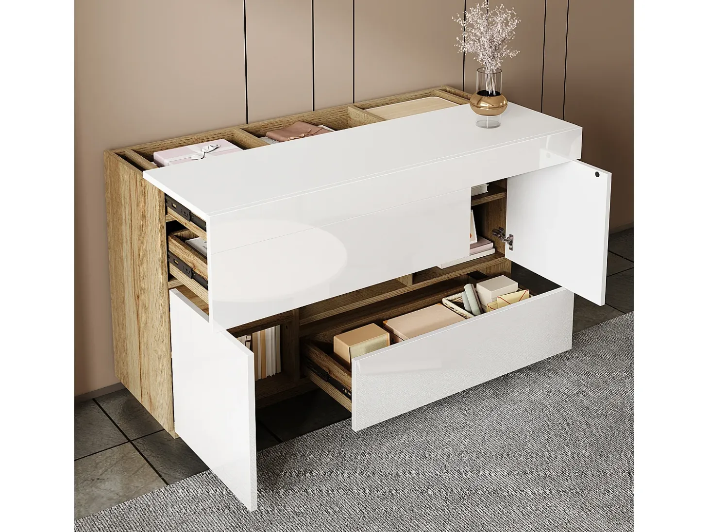 Aparador blanco con tapa extraíble - Aparador con 2 cajones y 2 puertas - Iluminación LED y almacenaje abierto