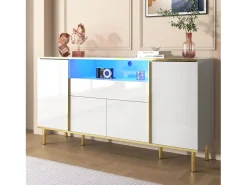 Aparador blanco de cuatro puertas y dos cajones, moderno mueble con luces LED.