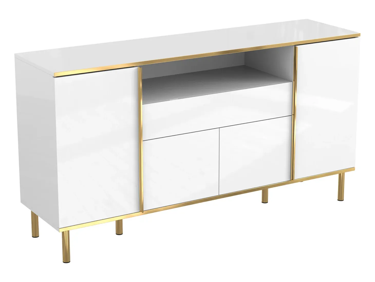 Aparador blanco de cuatro puertas y dos cajones, moderno mueble con luces LED.