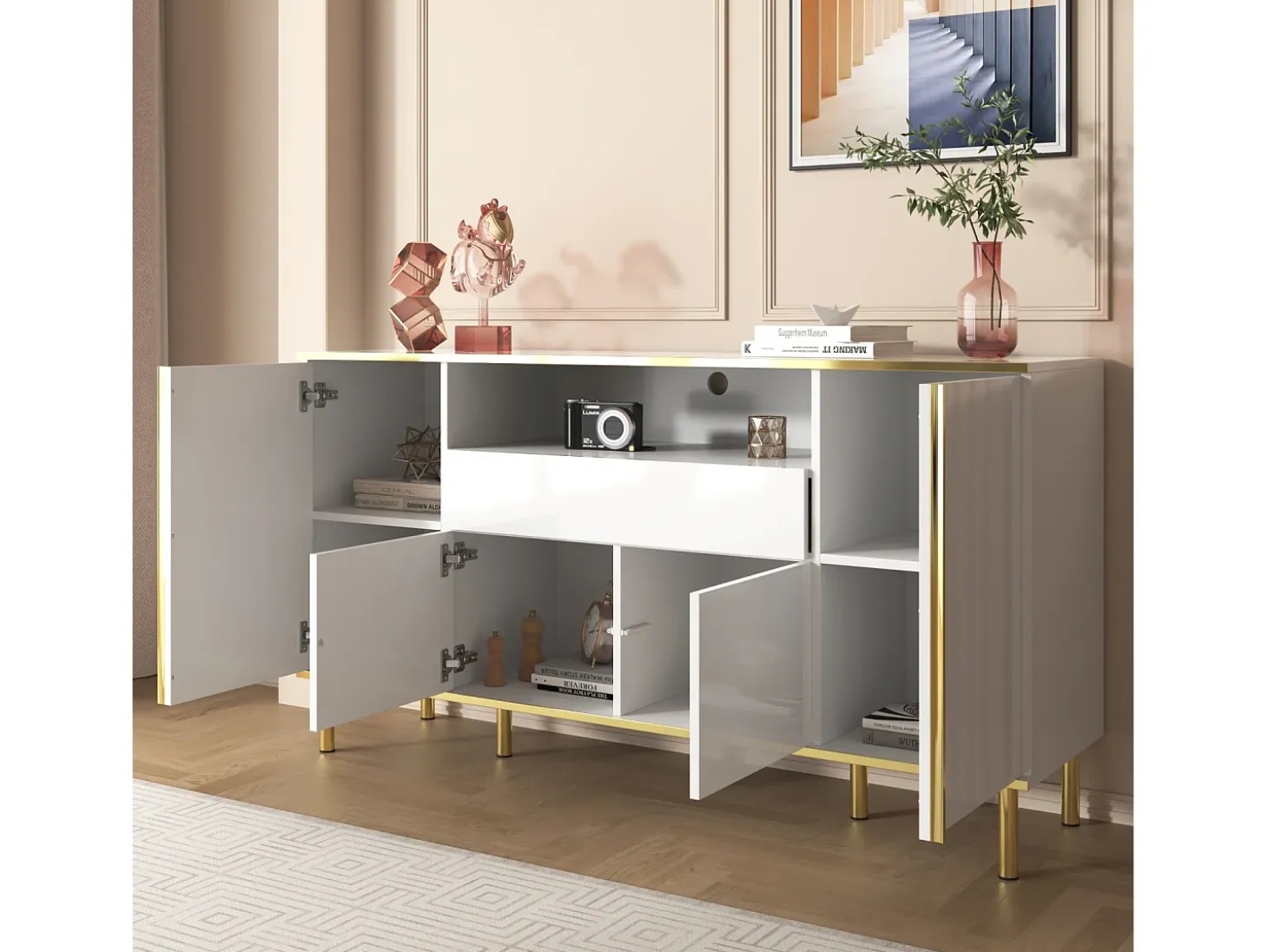 Aparador blanco de cuatro puertas y dos cajones, moderno mueble con luces LED.