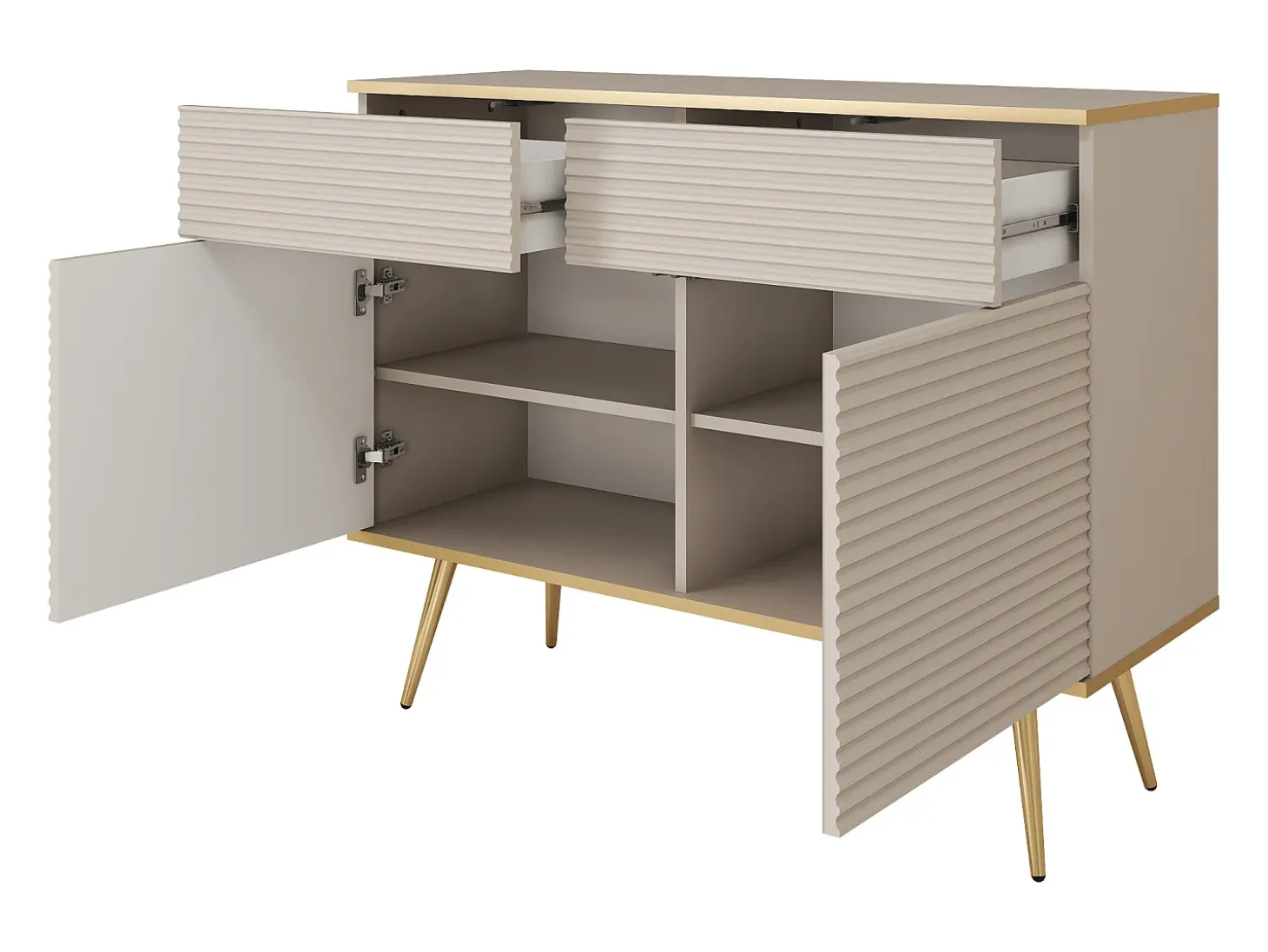 Aparador blanco glamuroso con patas doradas, 107 x 85 x 39
