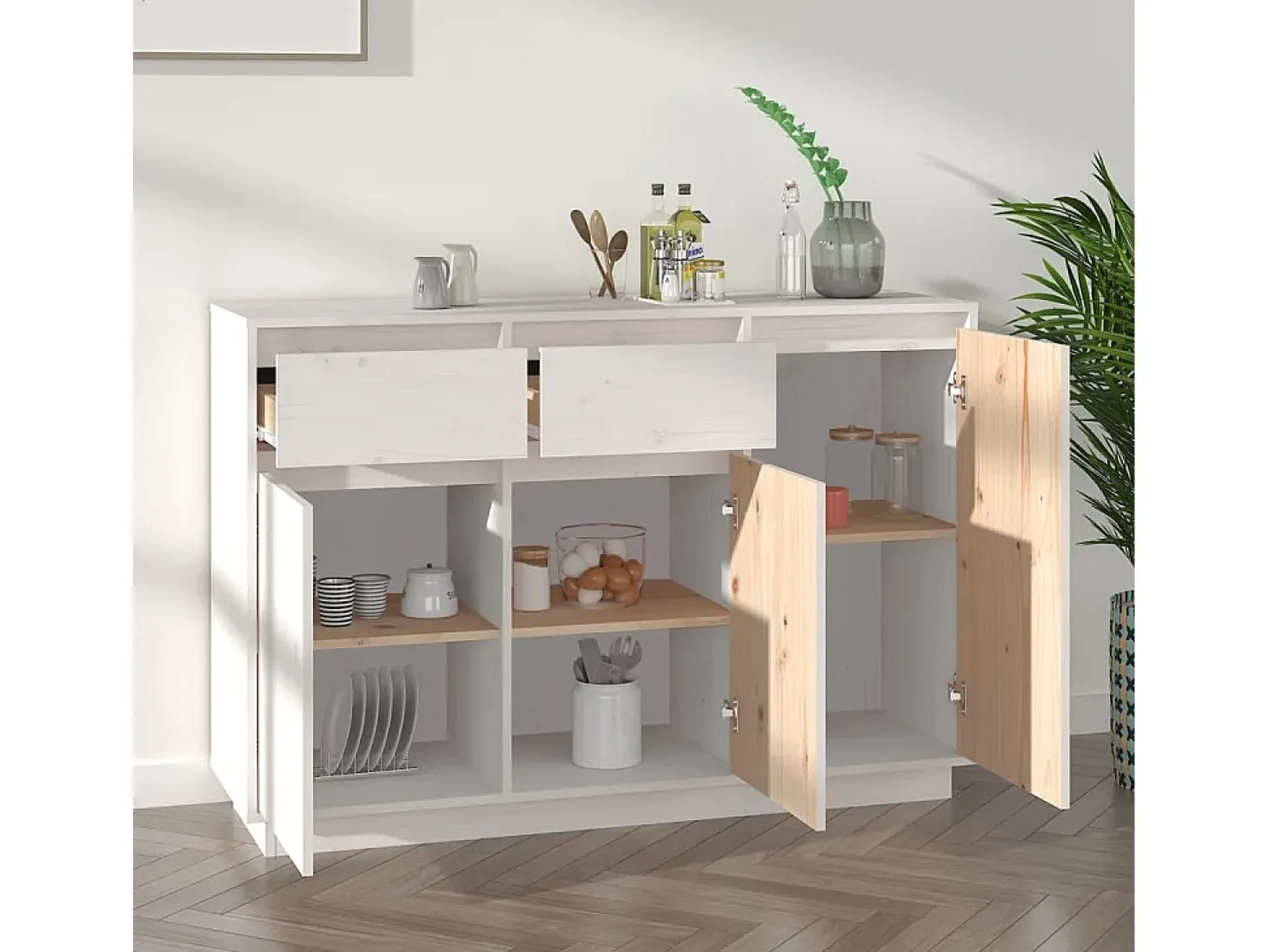 Aparador blanco 110x34x75 cm madera maciza de pino