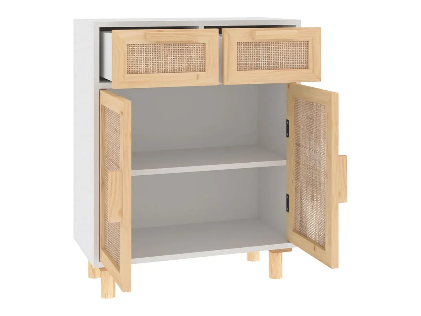 Aparador Blanco 60x30x75 cm Madera maciza de pino y ratán natural