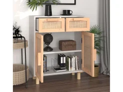 Aparador Blanco 60x30x75 cm Madera maciza de pino y ratán natural