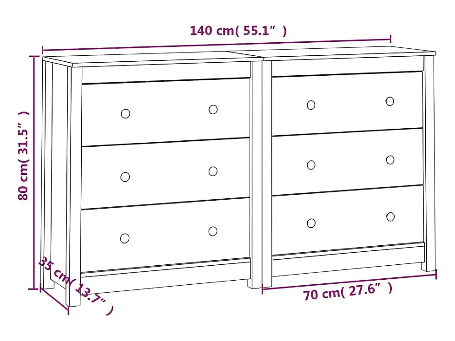 Aparador Blanco 140x35x80 cm Madera Maciza de Pino