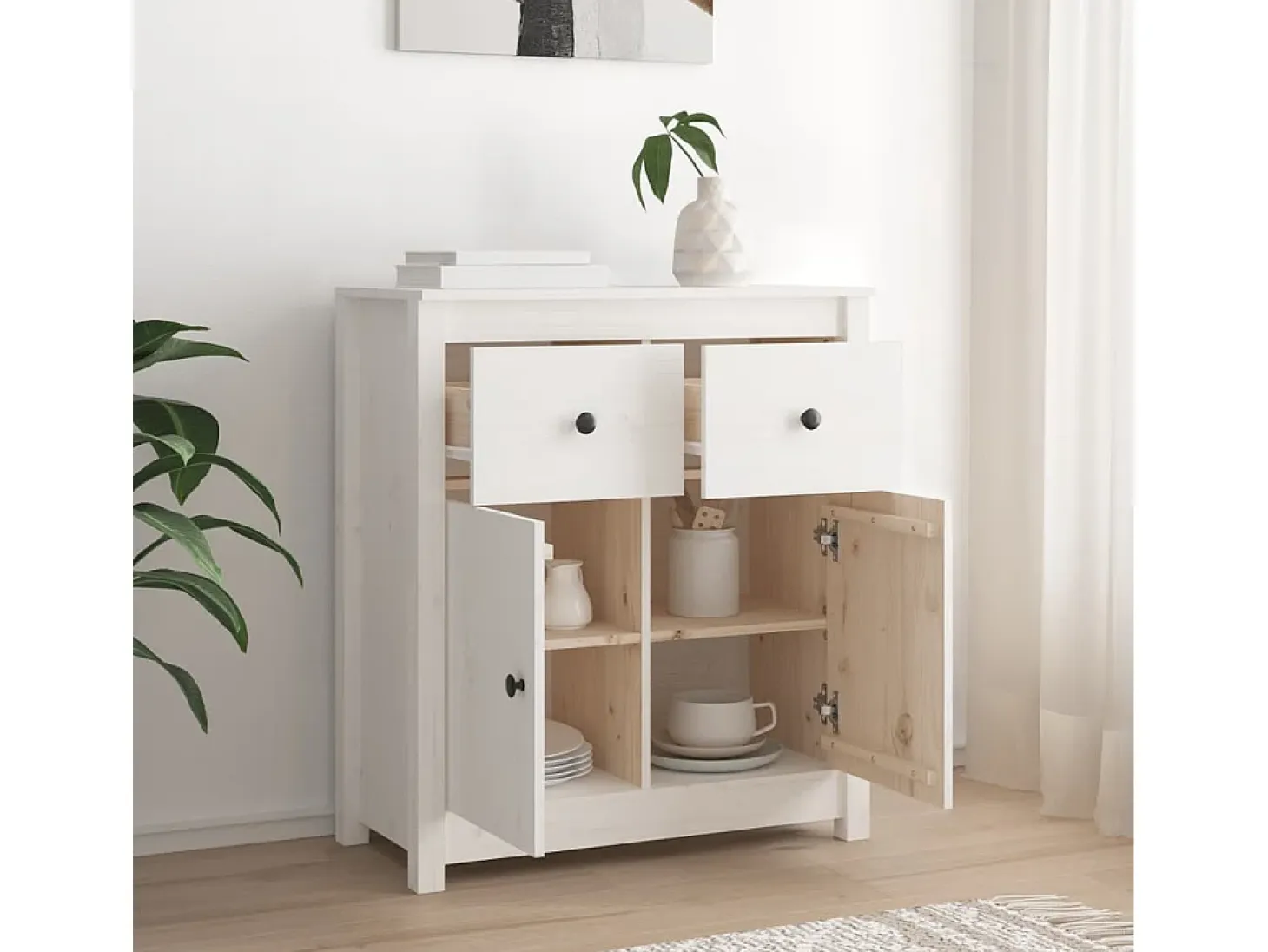 Aparador blanco 70x35x80 cm madera maciza de pino
