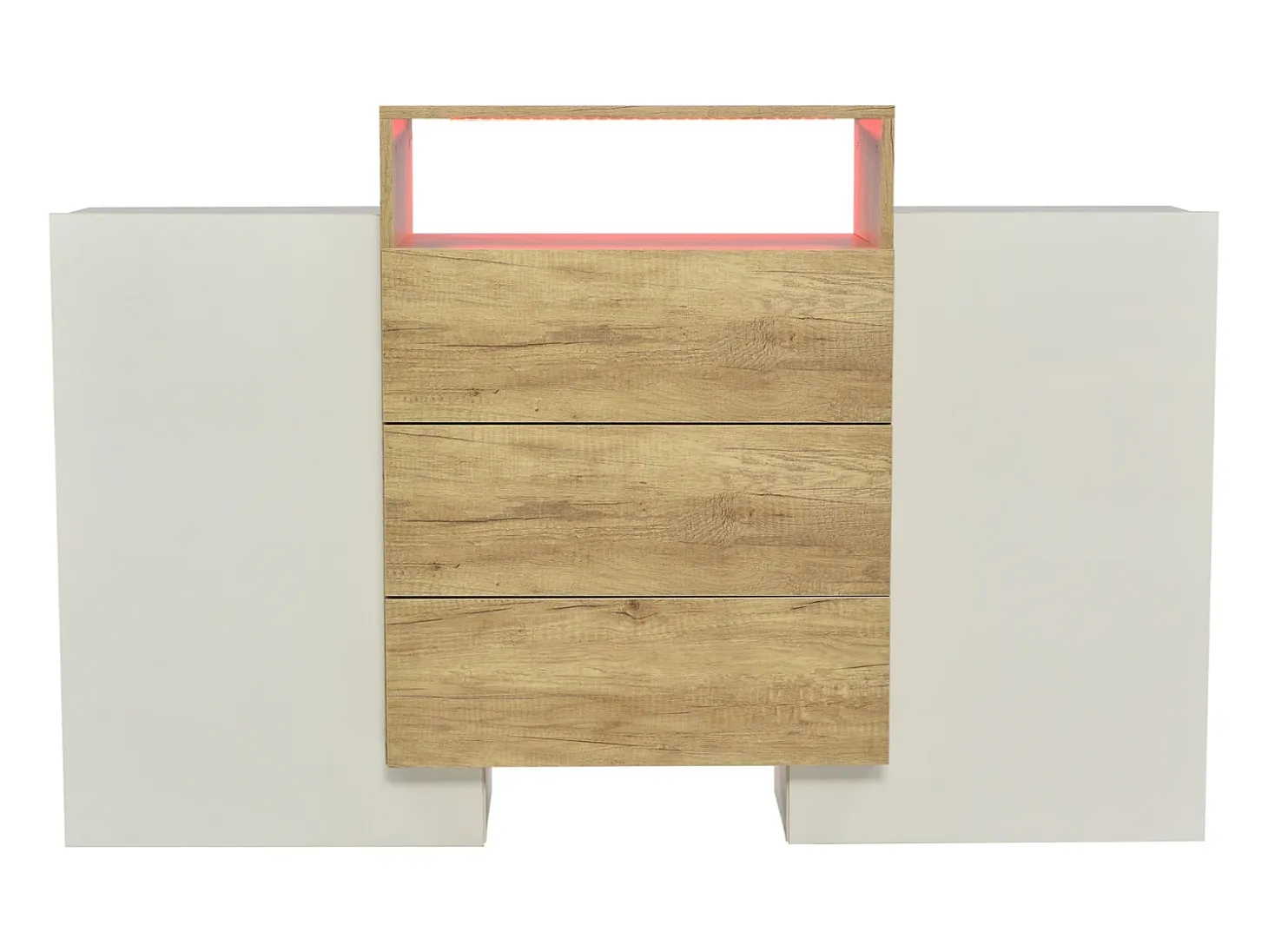 Aparador Blanco y Madera con Luz LED, Aparador de Salón con 2 Puertas y 3 Cajones