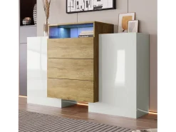 Aparador blanco y madera con luz LED, aparador de salón con 2 puertas y 3 cajones