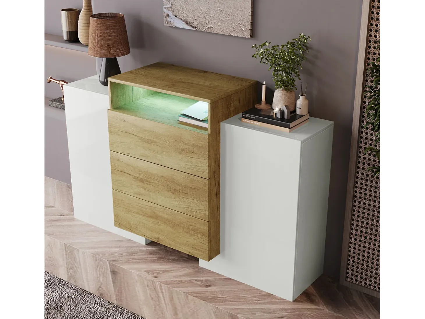 Aparador blanco y madera con luz LED, aparador de salón con 2 puertas y 3 cajones