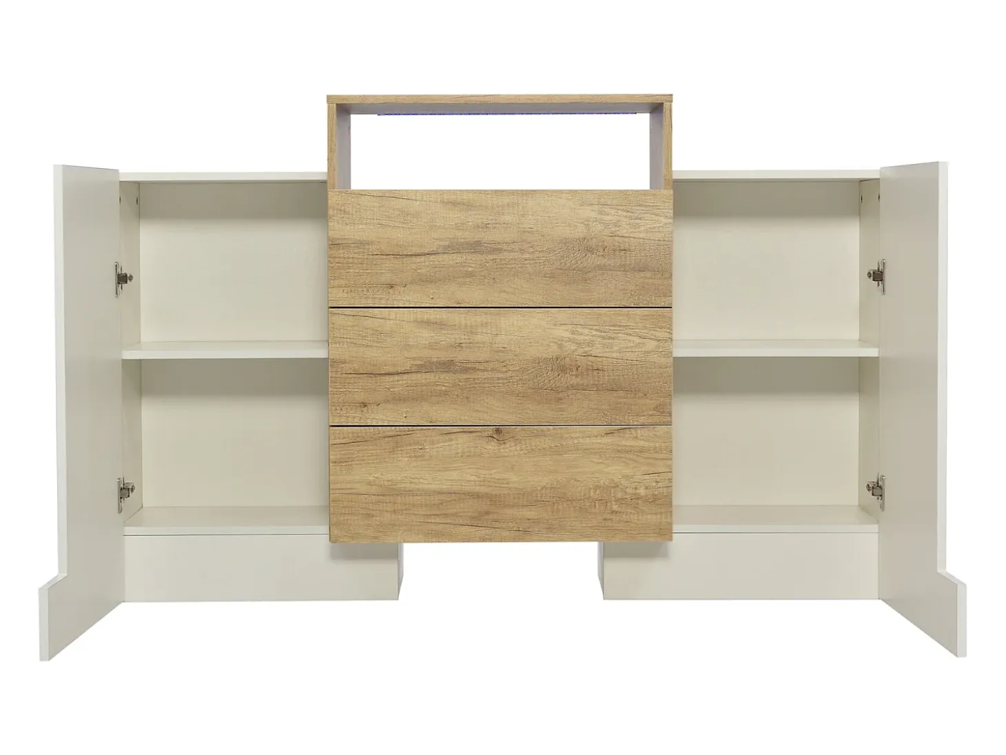 Aparador blanco y madera con luz LED, aparador de salón con 2 puertas y 3 cajones
