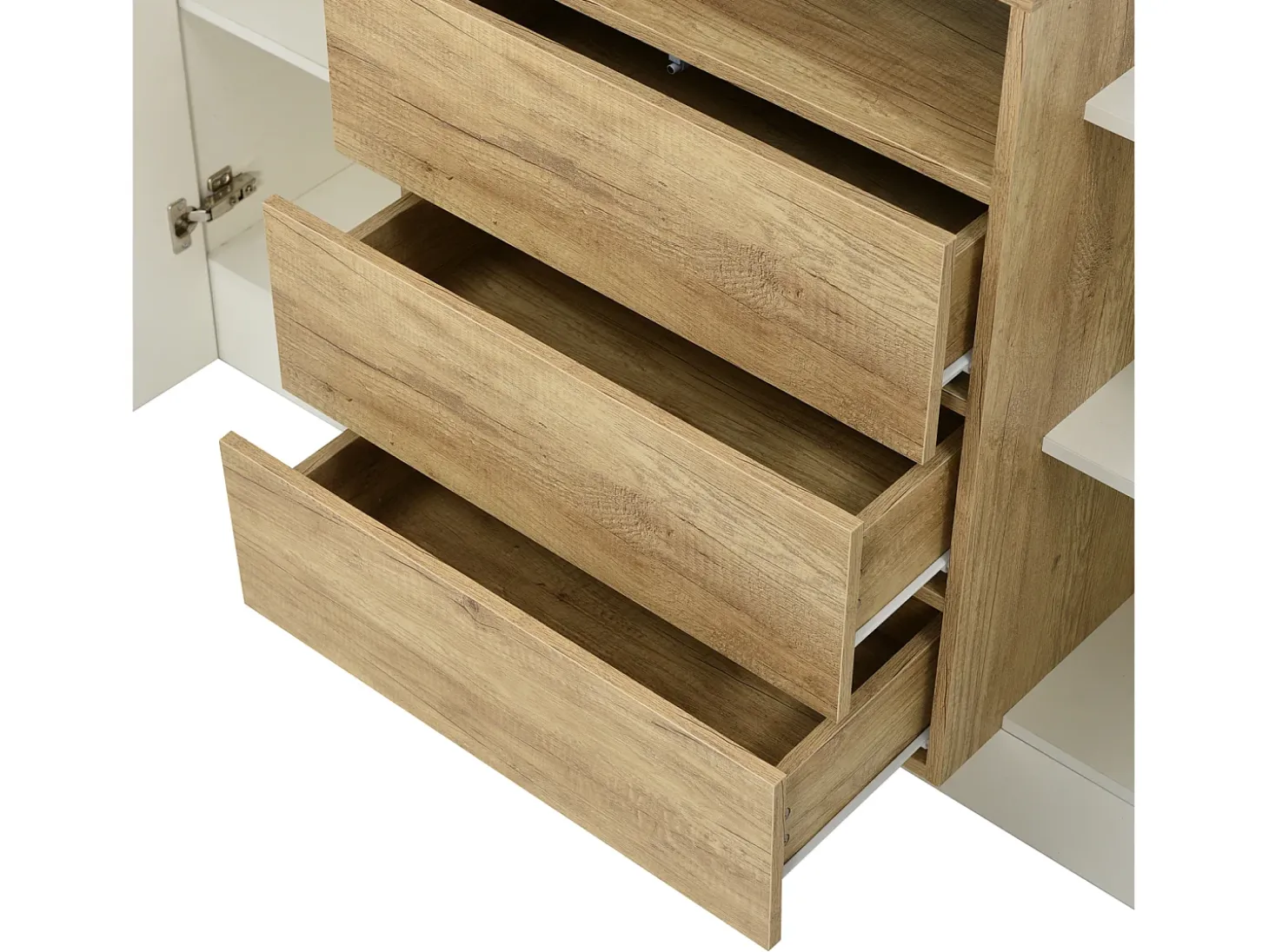 Aparador blanco y madera con luz LED, aparador de salón con 2 puertas y 3 cajones