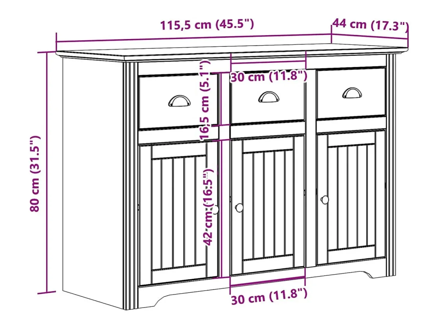Aparador BODO madera maciza de pino gris 115,5x44x80 cm