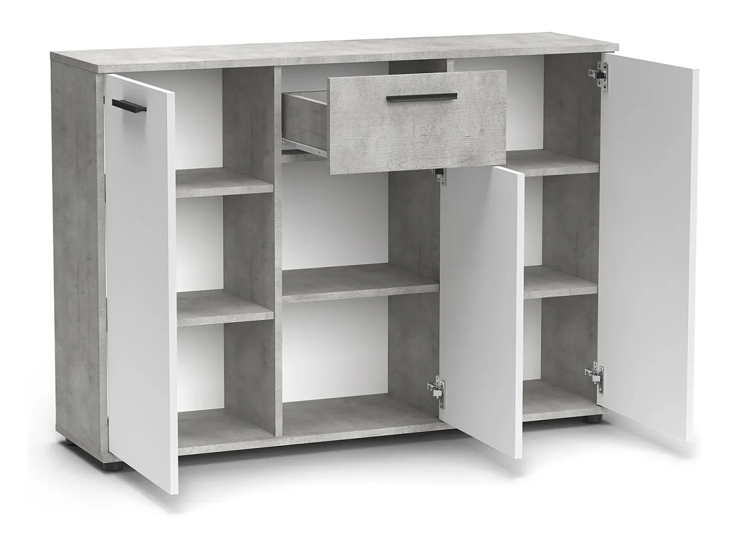 Aparador Bosco 3 puertas 1 cajón, mueble con almacenamiento de salón color Cemento y Blanco 120 cm