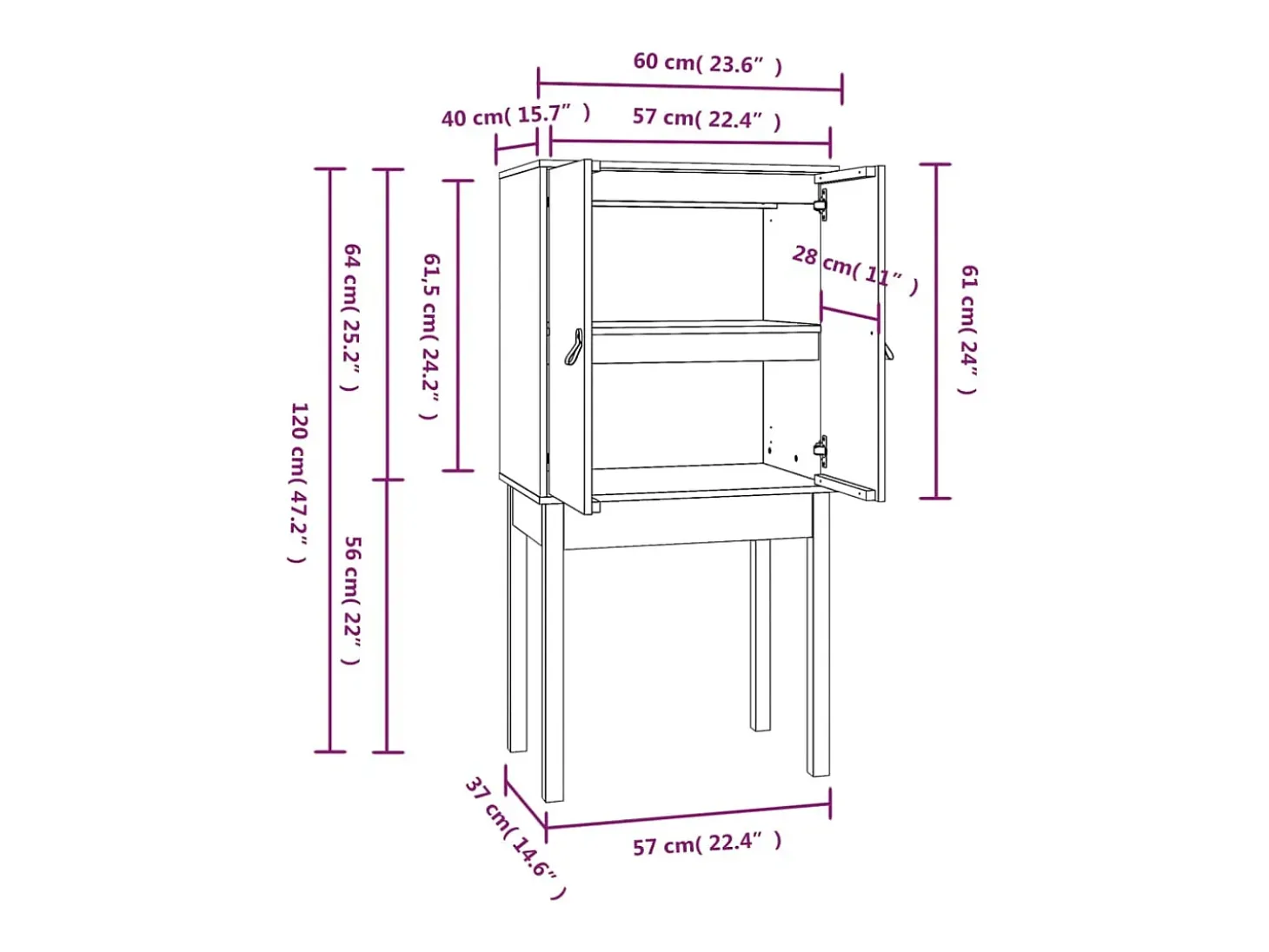 Aparador buffet cómoda armario mueble organizador cocina salón salón alto 60 x 40 x 120 cm madera maciza de pino negro 02_0034948