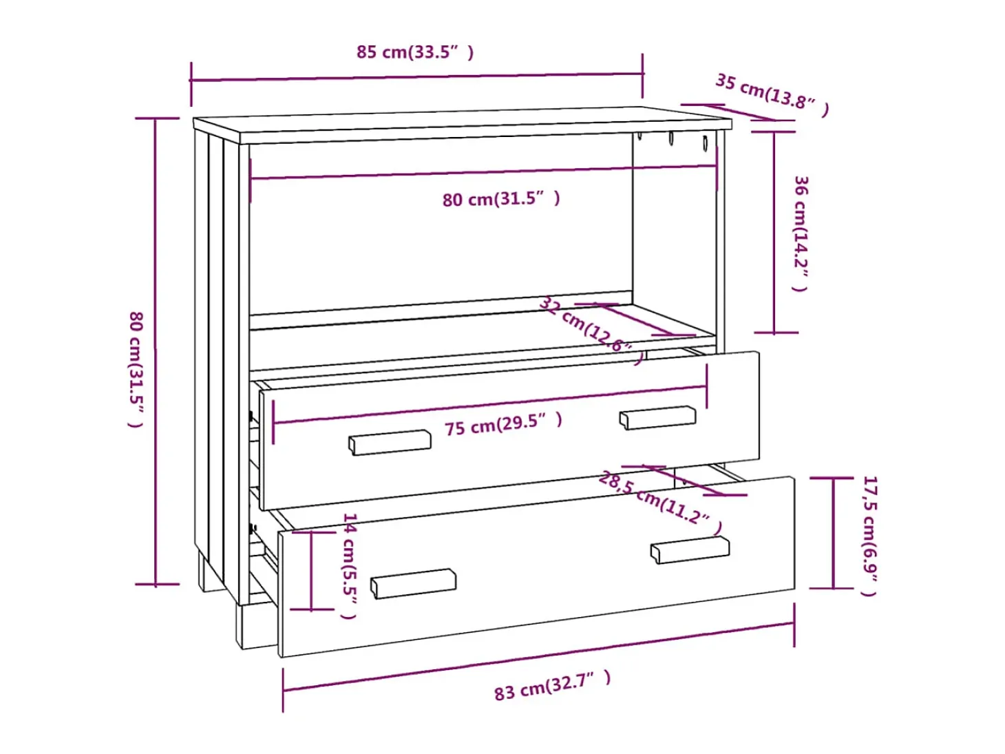 Aparador buffet cómoda armario unidad de almacenamiento organizador cocina salón salón 85 x 35 x 80 cm madera maciza de pino blanco 02_0032134