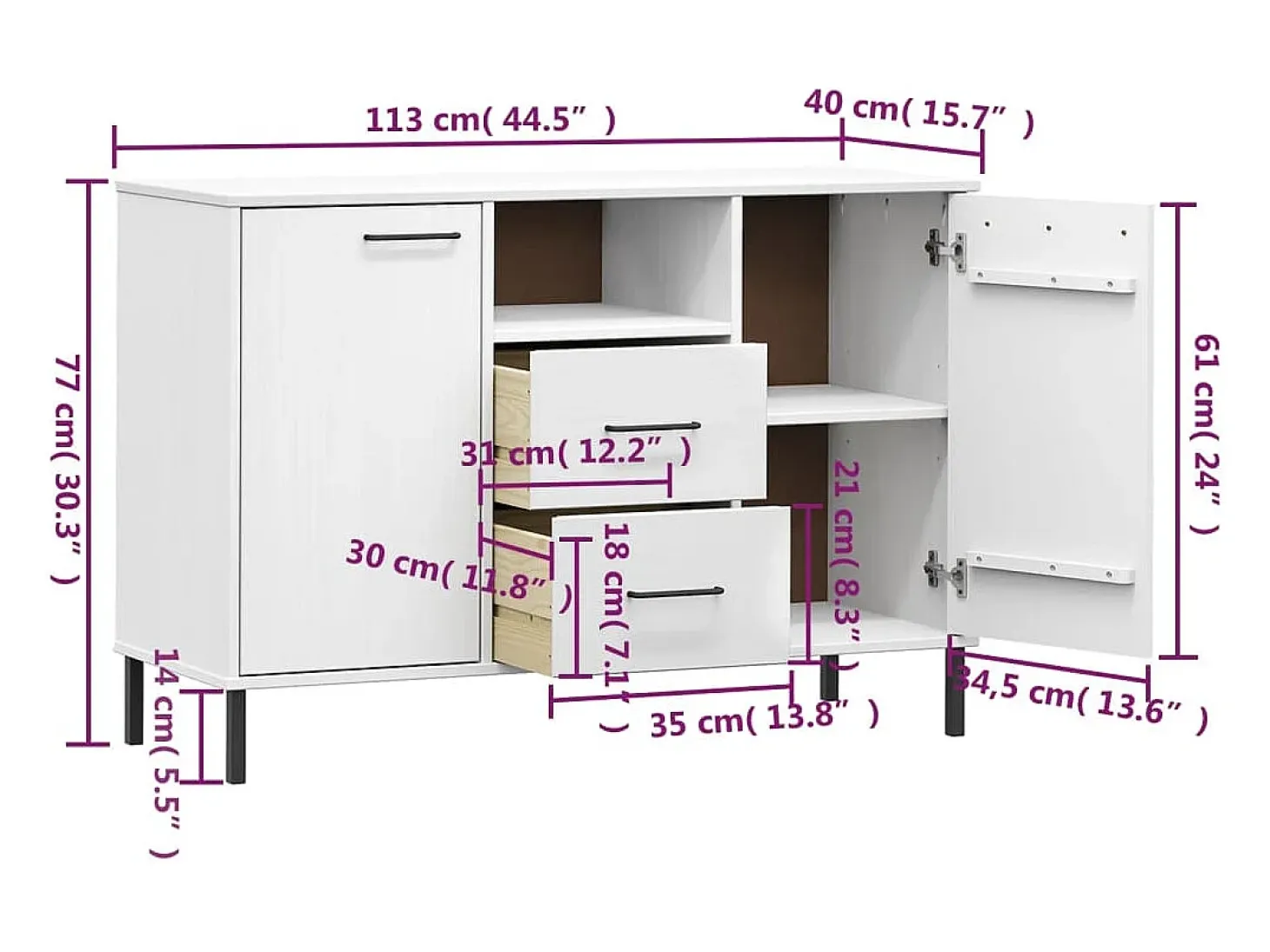 Aparador buffet cómoda armario mueble organizador cocina salón salón con patas de metal 113 x 40 x 77 cm madera maciza blanco 02_0030093