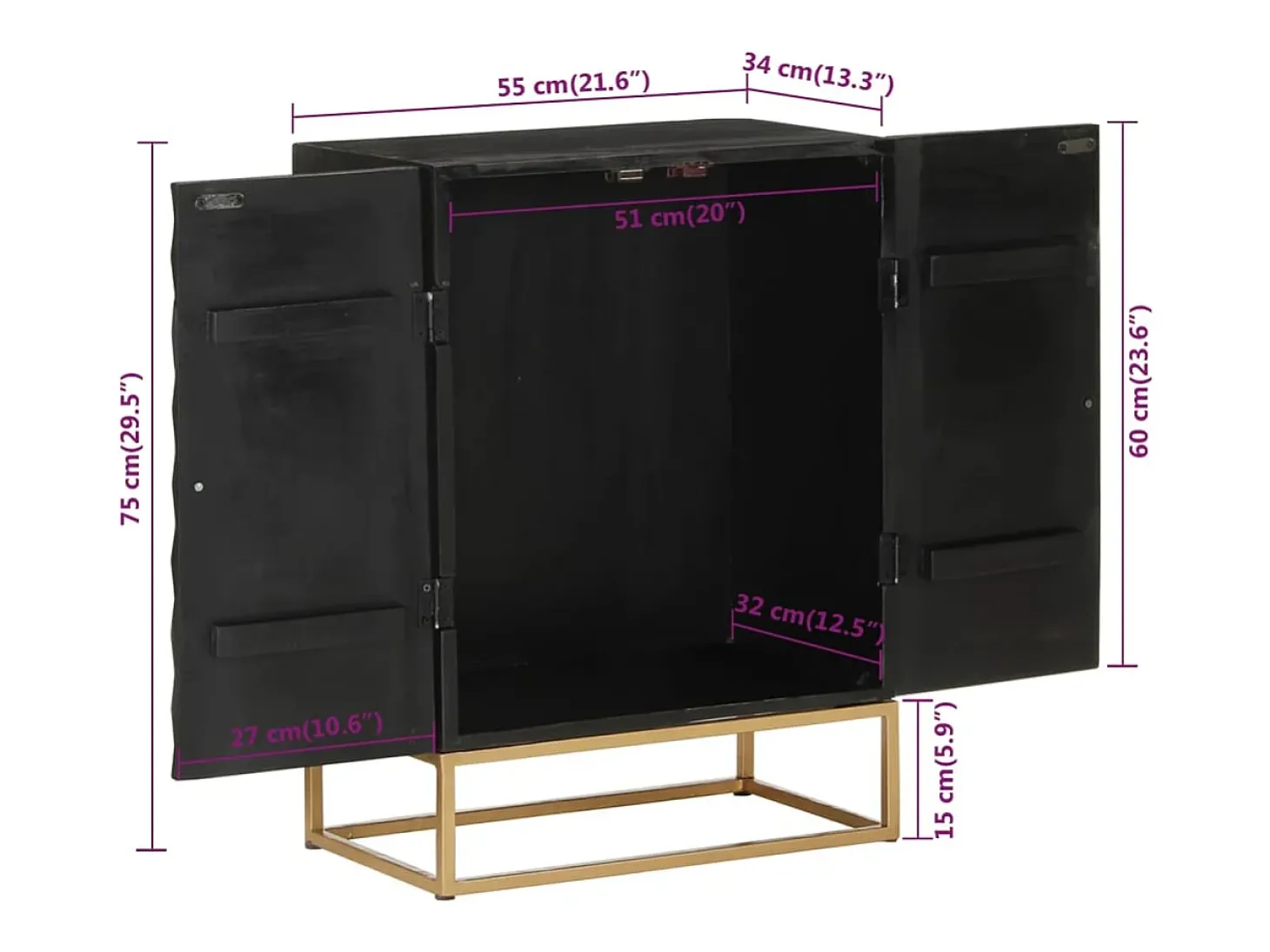 Aparador buffet cómoda mueble almacenaje organizador cocina salón salón 55 x 34 x 75 cm madera maciza de mango y hierro negro 02_0035953