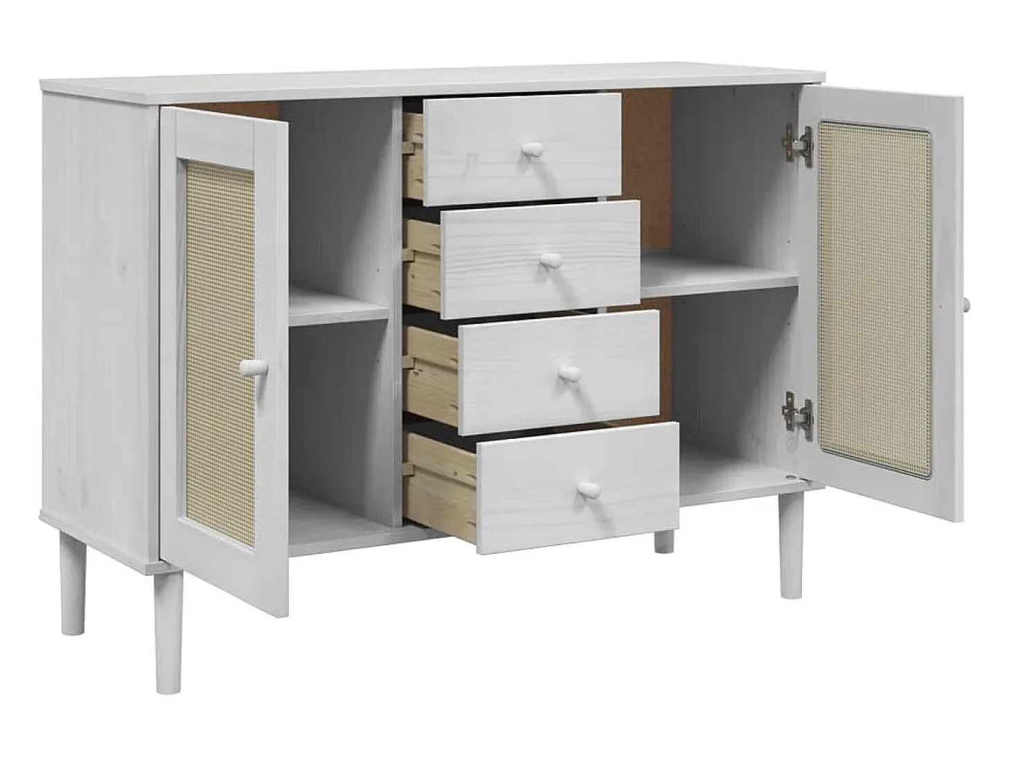Aparador buffet cómoda mueble mueble de almacenaje organizador cocina salón salón aspecto ratán 112 x 40 x 80 cm madera maciza de pino blanco 02_0036223