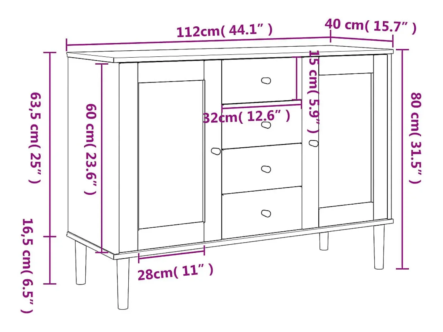 Aparador buffet cómoda mueble mueble de almacenaje organizador cocina salón salón aspecto ratán 112 x 40 x 80 cm madera maciza de pino blanco 02_0036223