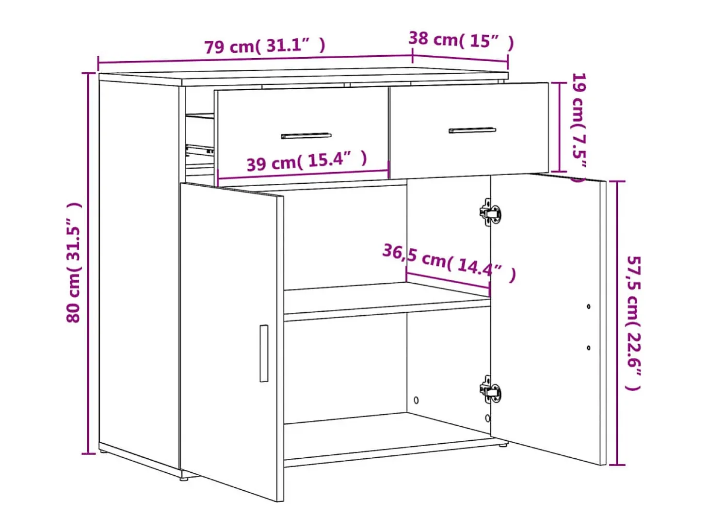 Aparador buffet cómoda mueble mueble de almacenaje organizador cocina salón salón 79 x 38 x 80 cm madera contrachapada blanca 02_0030506
