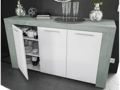 Aparador Buffet Moderno con 3 Puertas en Melamina con Acabado en Color Blanco Artik y Gris Cemento - Dim: 144 cm (Ancho) x 80 cm (Alto) x 42 cm (Fondo)