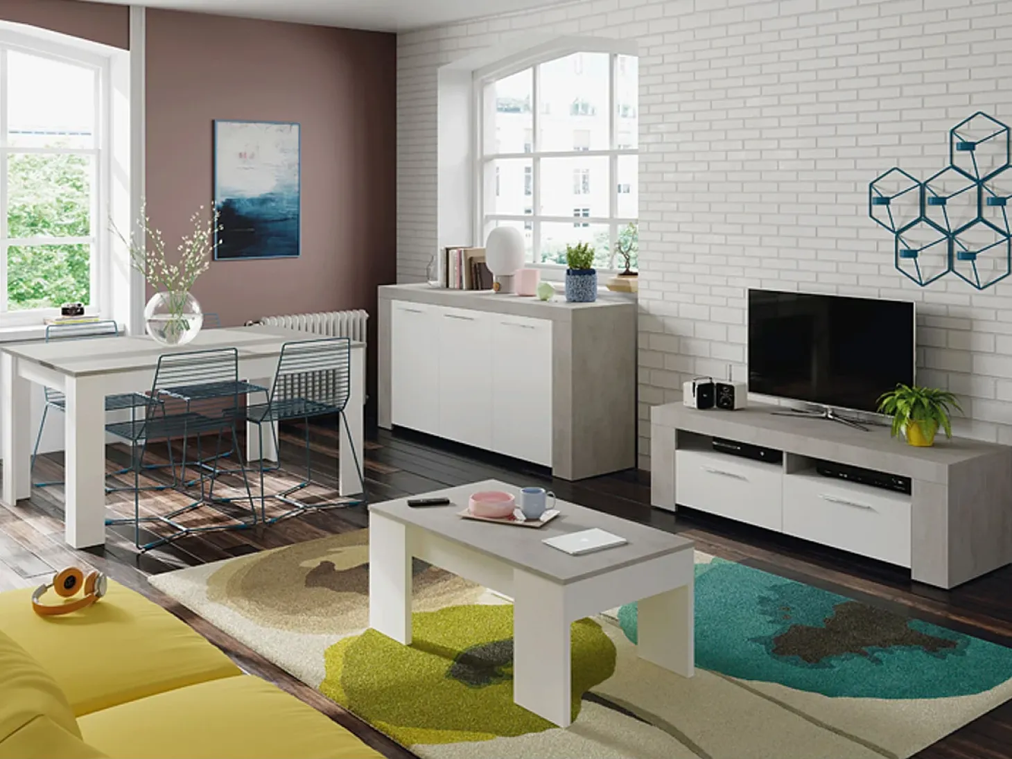 Aparador Buffet Moderno con 3 Puertas en Melamina con Acabado en Color Blanco Artik y Gris Cemento - Dim: 144 cm (Ancho) x 80 cm (Alto) x 42 cm (Fondo)