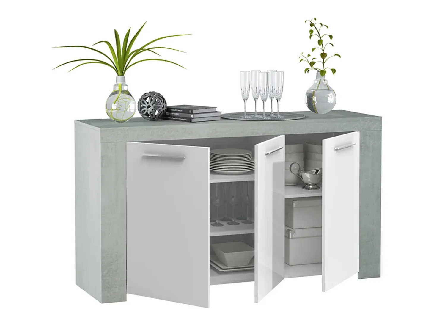 Aparador Buffet Moderno con 3 Puertas en Melamina con Acabado en Color Blanco Artik y Gris Cemento - Dim: 144 cm (Ancho) x 80 cm (Alto) x 42 cm (Fondo)
