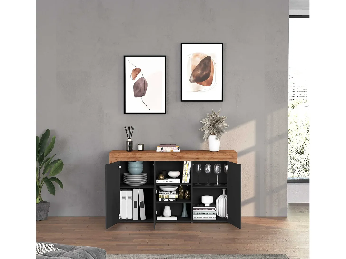 Aparador Chronos con 3 puertas y 1 compartimento, color antracita mate y roble, 155 x 40 x 85 cm