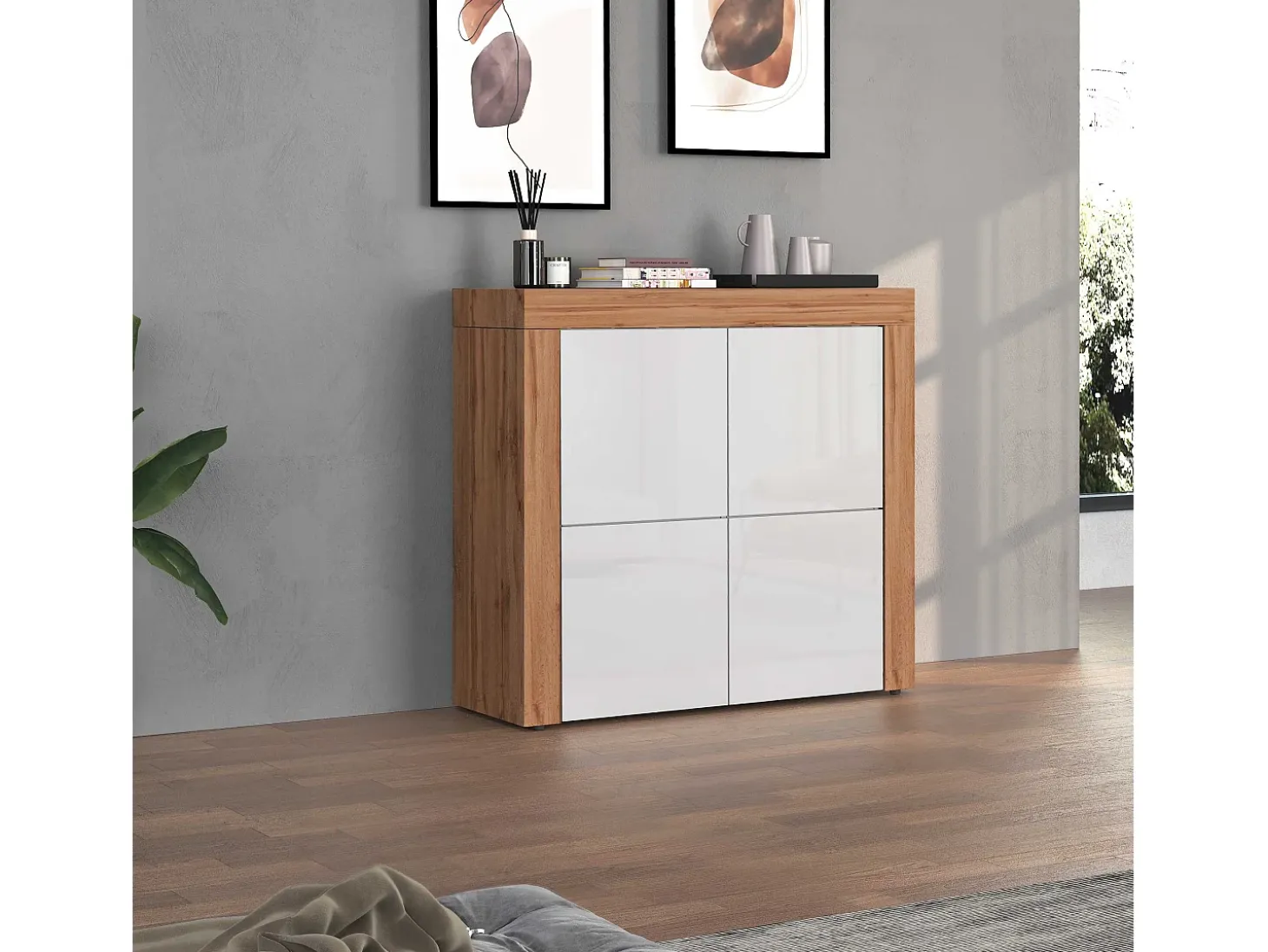Aparador Chronos con 4 puertas en blanco brillo y roble 140x40x130 cm