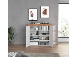 Aparador Chronos con 4 puertas en blanco brillo y roble 140x40x130 cm